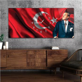 Ayyıldız Türk Bayrağı ve Atatürk Yatay Ortadan Saatli  Cam Tablo 084
