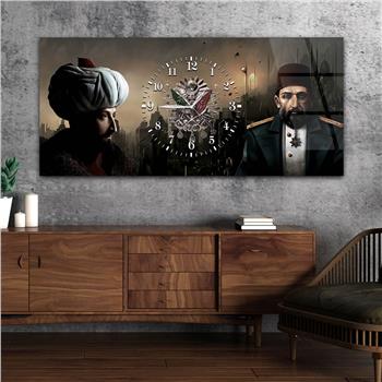 Fatih Sultan Mehmet Han Abdülhamit Han ve Osmanlı Tuğralı Saatli Cam Tablo 076