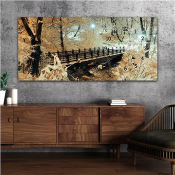 Horizontal bedrucktes Glas mit Kunst und Naturthema und einer Uhr an der Seite 139