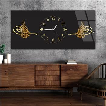 Yatay Ortadan Saatli  Dini Temalı Cam Tablo 107