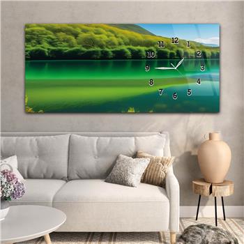 Horizontal bedrucktes Glas mit Kunst und Naturthema und einer Uhr an der Seite 179