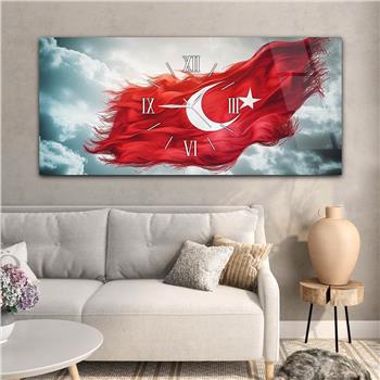 Bulutlar Arasında Dalgalanan Türk Bayrağı Saatli  Cam Tablo 079