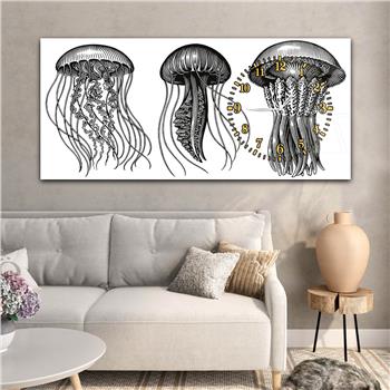 Horizontal bedrucktes Glas mit Kunst und Naturthema und einer Uhr an der Seite 103