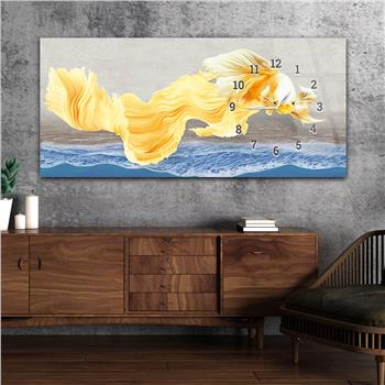 Horizontal bedrucktes Glas mit Kunst und Naturthema und einer Uhr an der Seite 161