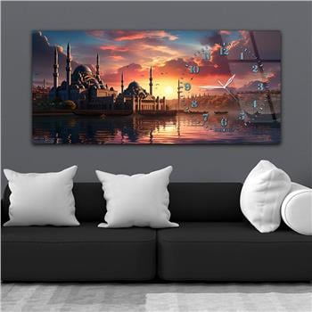 Yatay Saatli Yandan Dini Temalı Cam Tablo 084