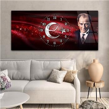 Yatay Saatli Ortadan Vatan Temalı Cam Tablo 141