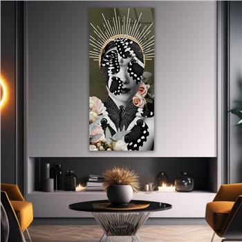 Dikey Üstten Saatli Sanat Temalı Cam Tablo 007