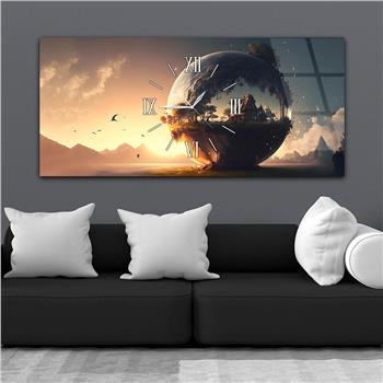 Yatay Ortadan Saatli  Sanat ve Doğa Temalı Cam Tablo 097