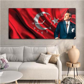Ayyıldız Türk Bayrağı ve Atatürk Yatay Ortadan Saatli  Cam Tablo 084