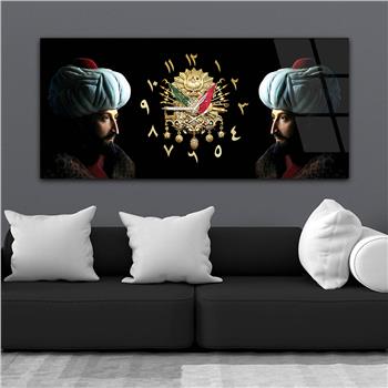 Fatih Sultan Mehmet ve Osmanlı Tuğralı Saatli Cam Tablo 078