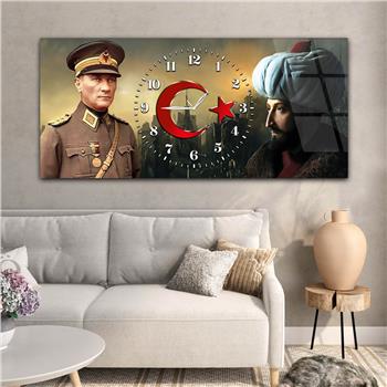 Yatay Saatli Ortadan Vatan Temalı Cam Tablo 158