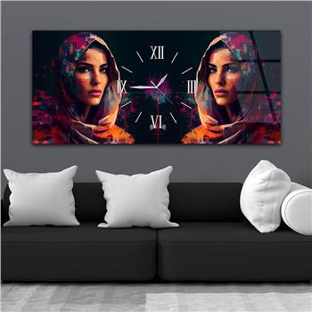 Yatay Ortadan Saatli  Sanat ve Doğa Temalı Cam Tablo 066