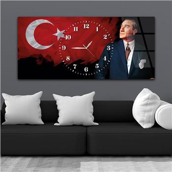 Yatay Saatli Ortadan Vatan Temalı Cam Tablo 152