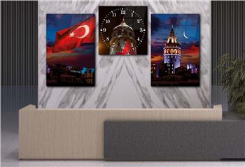 GALATA KULESİ TÜRK BAYRAĞI GÖRSELLİ  CAM TABLO SAAT SETİ 