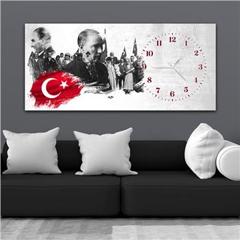 Yatay Saatli Yandan Vatan Temalı Cam Tablo 026
