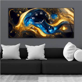 Sarı ve Mavi Renklerle Sarmal Görselli Saatli Cam Tablo