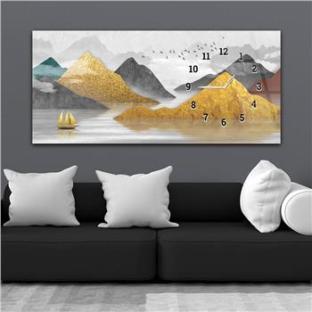 Horizontal bedrucktes Glas mit Kunst und Naturthema und einer Uhr an der Seite 169