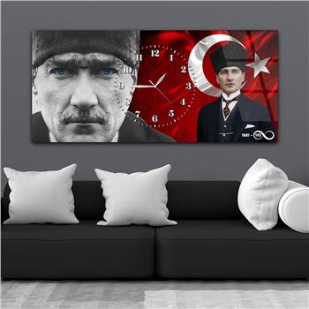 Yatay Saatli Ortadan Vatan Temalı Cam Tablo 162