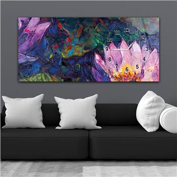 Horizontal bedrucktes Glas mit Kunst und Naturthema und einer Uhr an der Seite 193