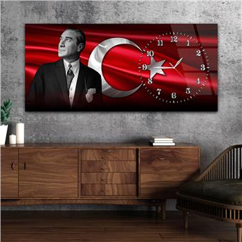 Yatay Saatli Yandan Vatan Temalı Cam Tablo 038