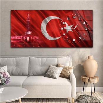 Yatay Saatli Yandan Vatan Temalı Cam Tablo 040