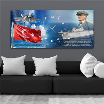 Yatay Saatli Ortadan Vatan Temalı Cam Tablo 140