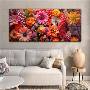 Renkli Çiçekli Saatli Cam Tablo