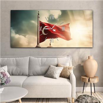 Bulutlar Arasında Dalgalanan Türk Bayrağı Saatli  Cam Tablo 080