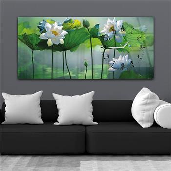 Horizontal bedrucktes Glas mit Kunst und Naturthema und einer Uhr an der Seite 051