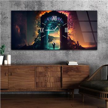 Yatay Ortadan Saatli  Sanat ve Doğa Temalı Cam Tablo 109