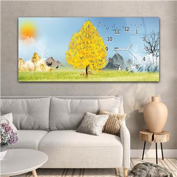 Horizontal bedrucktes Glas mit Kunst und Naturthema und einer Uhr an der Seite 159