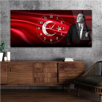 Yatay Saatli Ortadan Vatan Temalı Cam Tablo 167