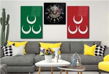 ÜÇ HİLAL VE OSMANLI DEVLET ARMASI GÖRSELLİ CAM TABLO CAM SAAT SETİ 