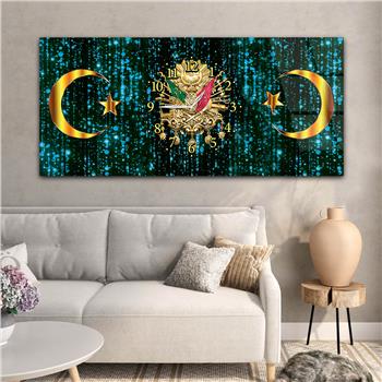 Mavi Zemin Üzerine Ayyıldız ve Osmanlı Tuğrası Saatli Cam Tablo 085