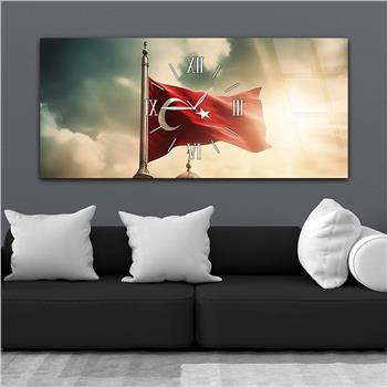 Bulutlar Arasında Dalgalanan Türk Bayrağı Saatli  Cam Tablo 080