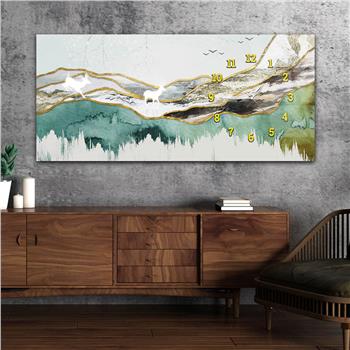 Horizontal bedrucktes Glas mit Kunst und Naturthema und einer Uhr an der Seite 157