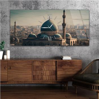 Yatay Ortadan Saatli  Dini Temalı Cam Tablo 112