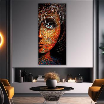 Dikey Üstten Saatli Sanat Temalı Cam Tablo 012