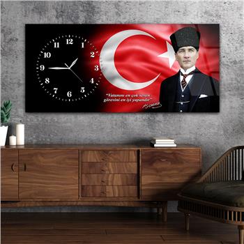 Yatay Saatli Yandan Vatan Temalı Cam Tablo 030