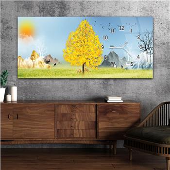 Horizontal bedrucktes Glas mit Kunst und Naturthema und einer Uhr an der Seite 159