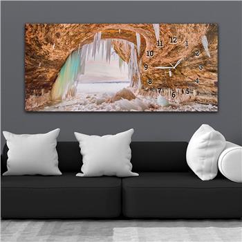 Horizontal bedrucktes Glas mit Kunst und Naturthema und einer Uhr an der Seite 123