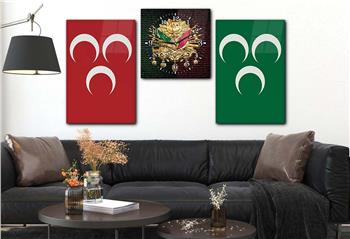 ÜÇ HİLAL VE OSMANLI DEVLET ARMASI GÖRSELLİ CAM TABLO CAM SAAT SETİ 