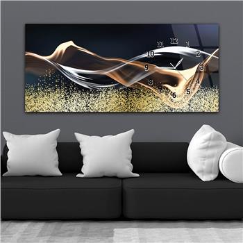 Horizontal bedrucktes Glas mit Kunst und Naturthema und einer Uhr an der Seite 162