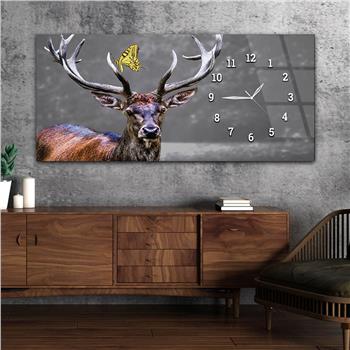 Boynuzuna Kelebek Konmuş Geyik Modern Yatay Saatli Yandan Sanat ve Doğa Temalı Cam Tablo 238