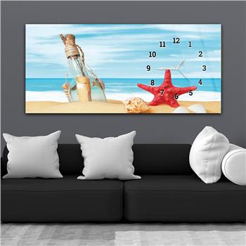 Kumsal Deniz Yıldızı Şişe İçinde Mesaj ve Deniz Kabuğu Yatay Saatli Doğa Temalı Cam Tablo 236