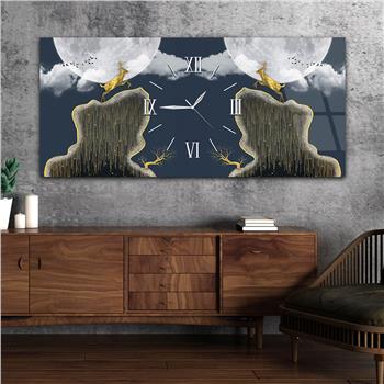 Yatay Ortadan Saatli  Sanat ve Doğa Temalı Cam Tablo 082