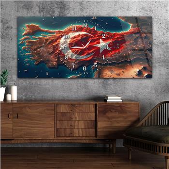 Yatay Saatli Ortadan Vatan Temalı Cam Tablo 116