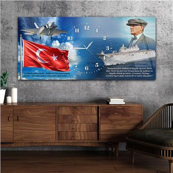 Yatay Saatli Ortadan Vatan Temalı Cam Tablo 140