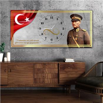 Yatay Saatli Ortadan Vatan Temalı Cam Tablo 143