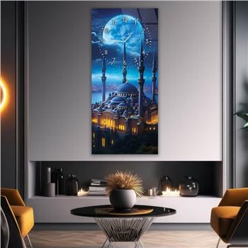 Dikey Üstten Saatli Dini Temalı Cam Tablo 021
